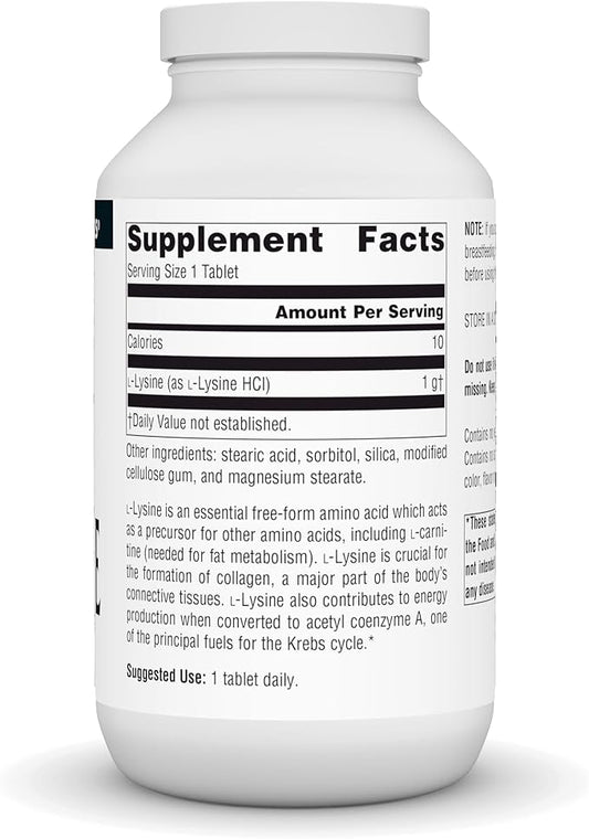 Source Naturals L-Lysine Free Form, 1000 mg - Amino Acid Supplement Supports Energy Formation & Collagen - 200 Tablets