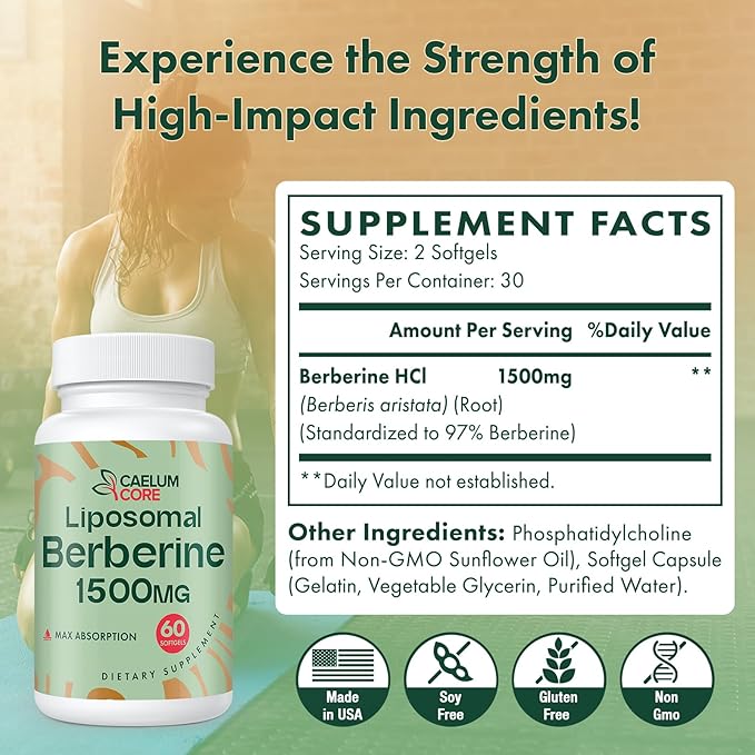 Liposomal Berberine HCL - Berberine 1500mg Activates AMPK & GLP-1, High Bioavailability Berberines Supplement for Women and Men, Berberine Plus Overall Health Support (2 Pack)