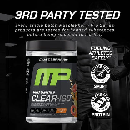 MusclePharm Pro Series Clear-ISO, Clear Protein Powder, 20g Fast-Acting Whey Isolate per Serving Plus BCAAs & L Glutamine | Pro-Grade Muscle Recovery & Growth | Sour Peach Rings, 1.14 lb, 20 Servings