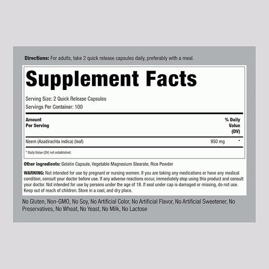 Piping Rock Neem Leaf Capsules 950mg | 200 Count