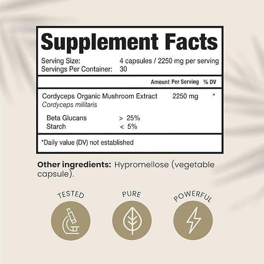 Premium Organic Cordyceps Mushroom Extract Performance 2250 mg, 120 Capsules, 1