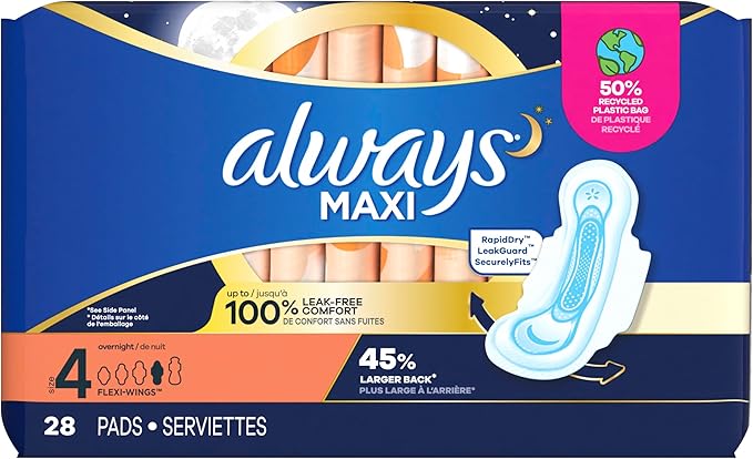 Always Maxi Overnight Pads with Wings, 4, Overnight, 84 CT