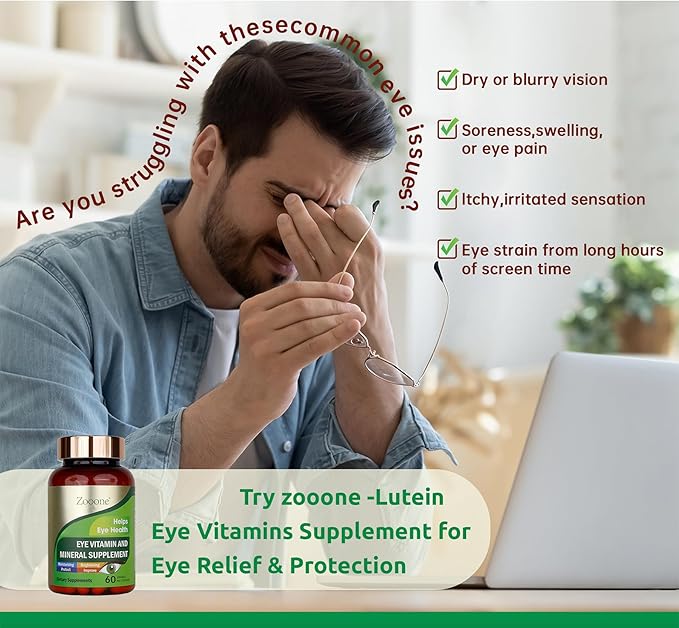 zooone- 60pcs Lutein Eye Vitamins Supplement Nutritional Supplement for Macular Health & Dry Eye Support, Contains Lutein, Zinc, Vitamins C/E & Zeaxanthin