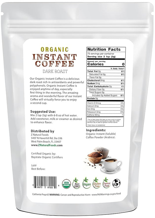 Organic Instant Coffee Powder, Dark Roast Delight, Rich In Immune-Supporting Antioxidants, Boosts Mood, Energy, and Memory, Enjoy Hot Or Iced, Gluten Free, Vegan, Non-GMO, 8 oz