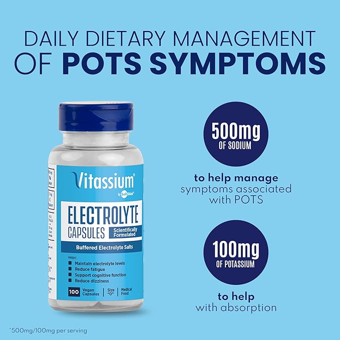 Vitassium Electrolyte Capsules, Electrolytes for The Management of POTS and High Sodium Diets (500mg Sodium - 100mg Potassium), Unflavored, 200 Salt Pills (Size 0)