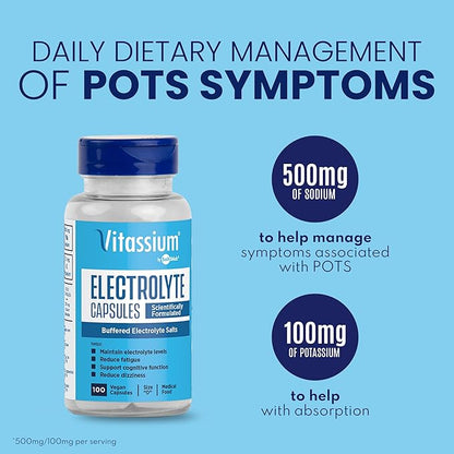 Vitassium Electrolyte Capsules, Electrolytes for The Management of POTS and High Sodium Diets (500mg Sodium - 100mg Potassium), Unflavored, 200 Salt Pills (Size 0)