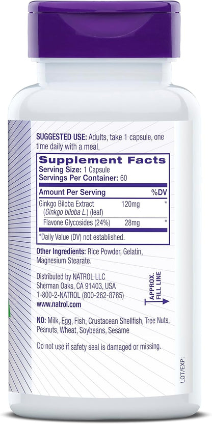Natrol Brain Health Ginkgo Biloba 120mg, 60 Capsules, 60 Day