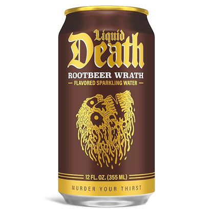 Liquid Death, Rootbeer Wrath, Root Beer-Flavored Sparkling Water, 12-Pack (12oz Cans), Low Calorie & No Artificial Sweeteners