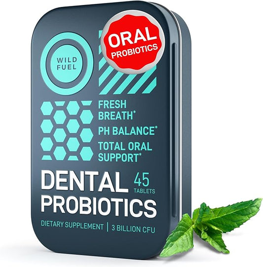WILD FUEL Dental Probiotic for Teeth and Gums - Lactobacillus Salivarius Probiotic 3bn CFU Fights Bad Breath, Restores Healthy Bacteria - Oral Probiotics - 45 Tablets for Fresh Breath in a Travel Tin