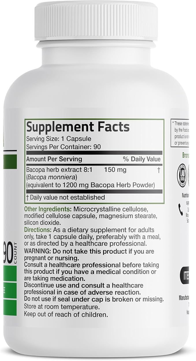 Bronson Bacopa Supports Healthy Brain Function and Mental Performance, Traditional Herb, Non-GMO, 90 Vegetarian Capsules