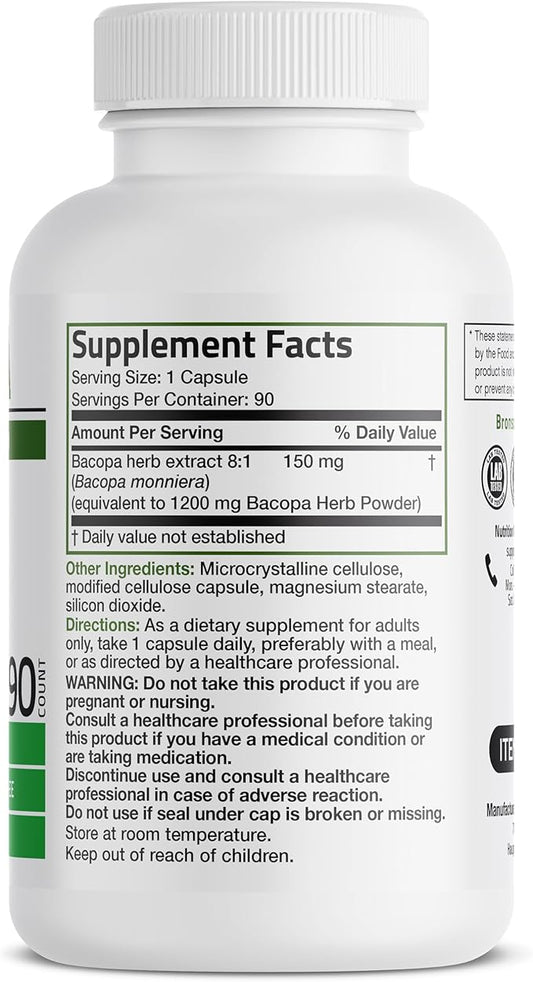 Bronson Bacopa Supports Healthy Brain Function and Mental Performance, Traditional Herb, Non-GMO, 90 Vegetarian Capsules