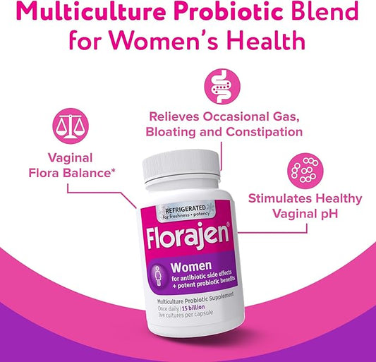Florajen Women's Vaginal Probiotics, Provides Gut Health & Constipation Relief For Adults And Bloating Relief For Women, 30 Capsules (Refrigerated)