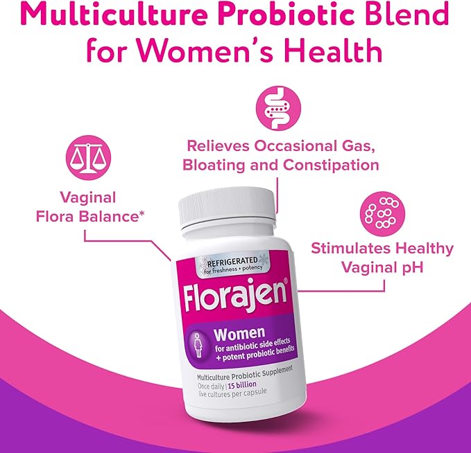 Florajen Women's Vaginal Probiotics, Provides Gut Health & Constipation Relief for Adults and Bloating Relief for Women, 90 Capsules (3 Packs of 30) (Refrigerated)