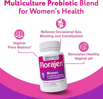 Florajen Women's Vaginal Probiotics, Provides Gut Health & Constipation Relief for Adults and Bloating Relief for Women, 90 Capsules (3 Packs of 30) (Refrigerated)