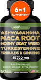 Ashwagandha - Maca Root - Horny Goat Weed - Turkesterone - Tribulus - Ginseng, 90 Capsules - Made in USA