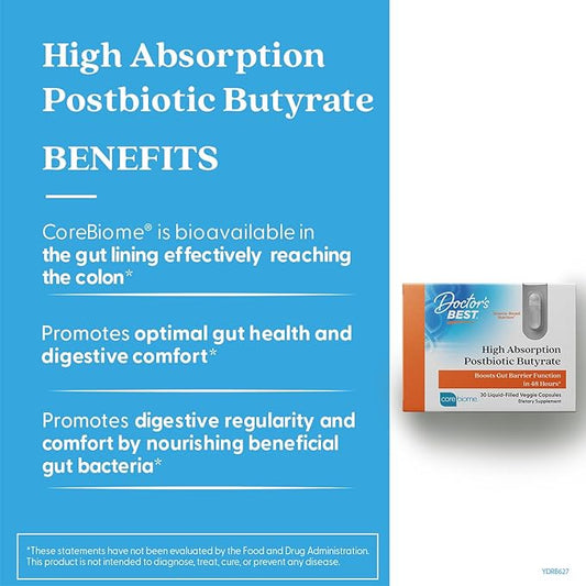 Doctor's BEST High Absorption Postbiotic Butyrate Featuring Corebiome, Gut & Immune Health, Non-GMO, Gluten Free, Soy Free, Vegan, 30 Liquid Veggie Caps