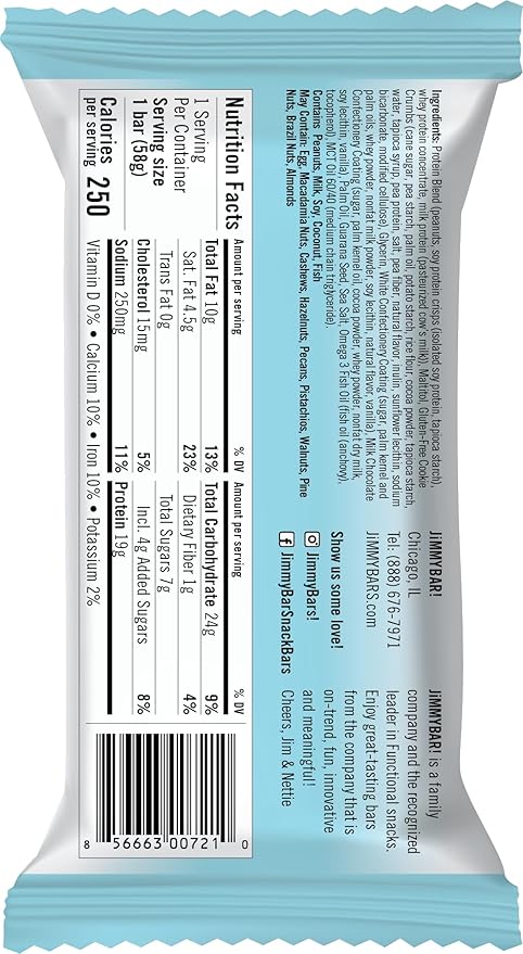 JiMMY'S! Functional Protein Bar - Cookies and Cream -12 Count - 18g Protein with Caffeine, Omega 3 and MCT Oils - Low Sugar, Gluten Free, Energy-Boosting