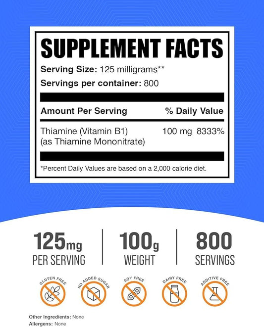 BulkSupplements.com Thiamine Mononitrate Powder - Vitamin B1 Powder, Thiamine B1 Supplement - B1 Vitamins, Gluten Free, 125mg per Serving, 100g (3.5 oz) (Pack of 1)