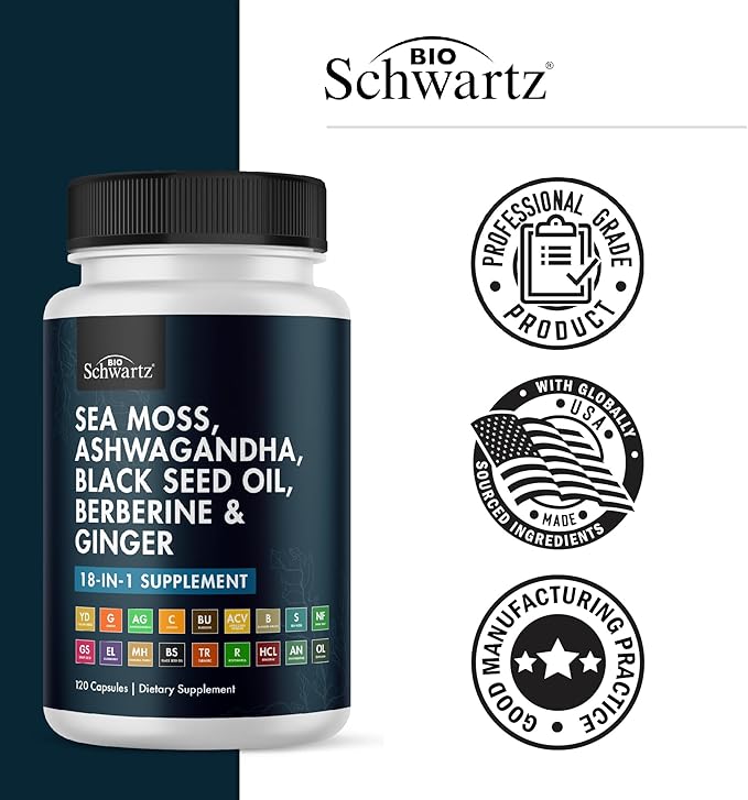 BioSchwartz Sea Moss Black Seed Oil Ashwagandha Ginger Supplement with Turmeric Berberine HCI Burdock Bladderwrack Resveratrol Elderberry Manuka Honey Apple Cider Vinegar ACV - 120 Sea Moss Capsules
