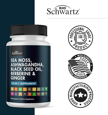 BioSchwartz Sea Moss Black Seed Oil Ashwagandha Ginger Supplement with Turmeric Berberine HCI Burdock Bladderwrack Resveratrol Elderberry Manuka Honey Apple Cider Vinegar ACV - 120 Sea Moss Capsules