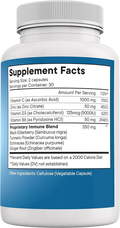 NEW AGE 8 in 1 Immune Support Booster Supplement with Echinacea, Vitamin C and Zinc 50mg, Vitamin D 5000 IU, Turmeric Curcumin & Ginger, B6, Elderberry 60 Count (Pack of 1)