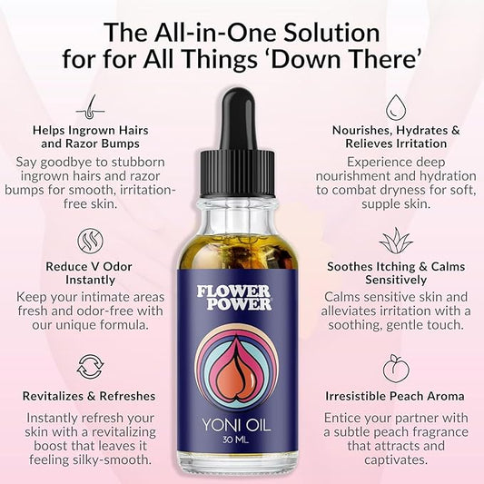 Flower Power Yoni Oil Vaginal Moisturizer, Nourishing Feminine Care for Vaginal Dryness, Odor Relief & Irritation, Blend of Jojoba, Peach Blossom & Sweet Almond Oil for Hydration, Vegan - 30 ml