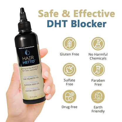 HAIRMETTO® Topical Saw Palmetto and Pumpkin Seed Oil Extract for Hair Loss, Strengthens Hair Roots, Soothes Dry Scalp, with Rosemary, Castor Oil, and Lavender Scent, 4oz Bottle