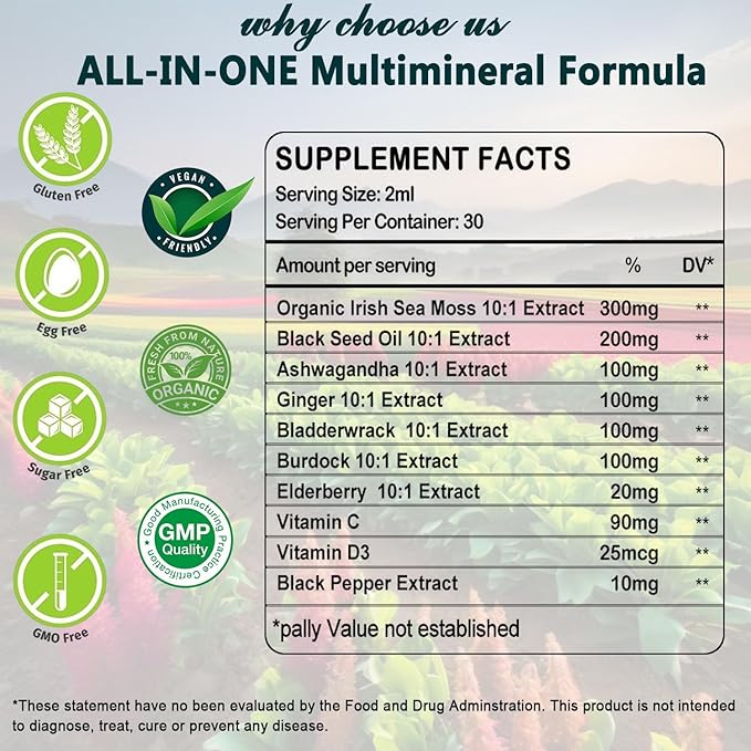 Sea Moss Black Seed Oil Ashwagandha Ginger, Multi-Mineral Sea Moss 3000mg Liquid Drops Extract, 4X Stronger Than Pills & Capsules, Vegan Superfood for Immunity, Joint & Thyroid Health
