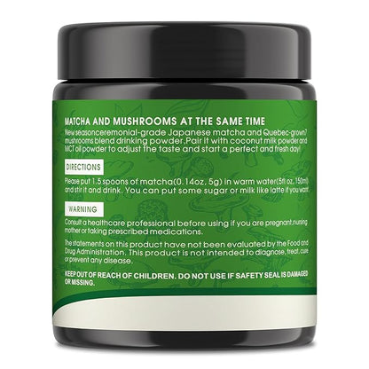 Mushroom Matcha Powder, Japanese Ceremonial Matcha Infused With 7 Superfood Mushrooms, MCT Oil, Coconut Milk Powder, Natural, Gluten Free, Taste Great Matcha Latter 8 Oz(45 Servings)