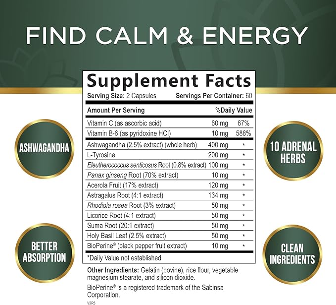 Adrenal Support Supplements & Cortisol Manager 10 Herbs 120 Capsules