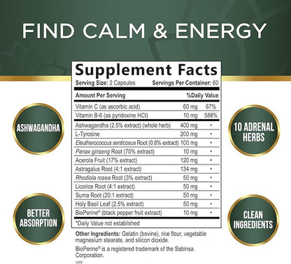 Adrenal Support Supplements & Cortisol Manager 10 Herbs 120 Capsules