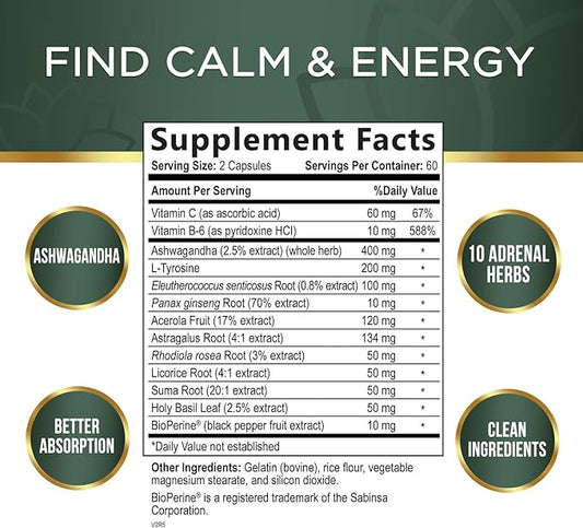 Adrenal Support Supplements - Ashwagandha & 10 Adaptogenic Herbs including Rhodiola Rosea, Holy Basil – Adrenal Supplement Support for Balanced Energy, Adrenal Fatigue, Calm, Relaxation – 120 Capsules