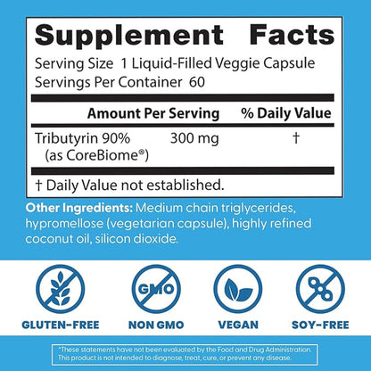 Doctor's BEST High Absorption Postbiotic Butyrate Featuring Corebiome, Gut & Immune Health, Non-GMO, Gluten Free, Soy Free, Vegan, 30 Liquid Veggie Caps