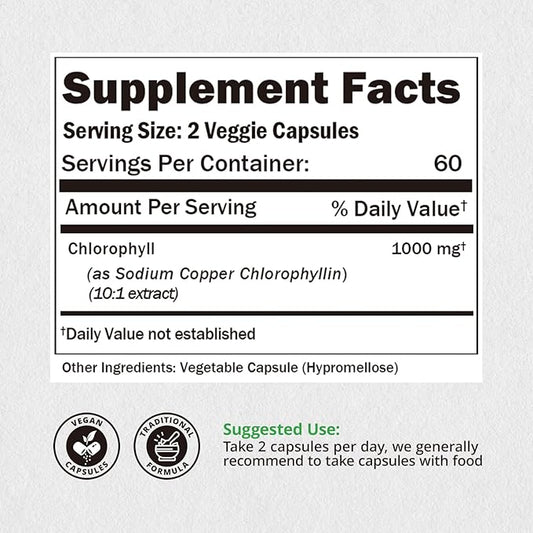 Chlorophyll Capsules 1000mg - 100% Natural Potency Concentration for Women & Men, Gut Health, Skin Support - Natural Energy Booster, 120 Capsules