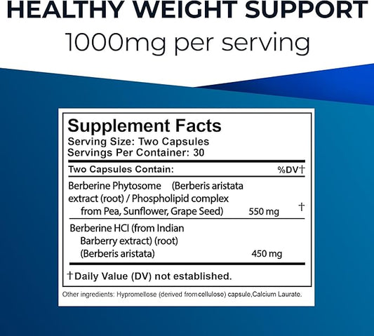 Ultimate Berberine Phytosome for Healthy Weight Management - Dual Action Formula with Berberine HCL - Carbohydrate Metabolism, GI, Immunity & Cholesterol Support - 1000mg Maximum Strength Supplement