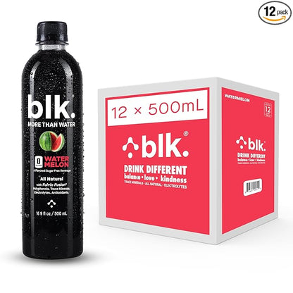 blk. Natural Mineral Alkaline Water, Watermelon, 500 mL Pack of 12, 8 pH Water, Bioavailable Fulvic & Humic Acid Extract, Trace Minerals, Electrolytes to Hydrate, Repair & Restore Cells