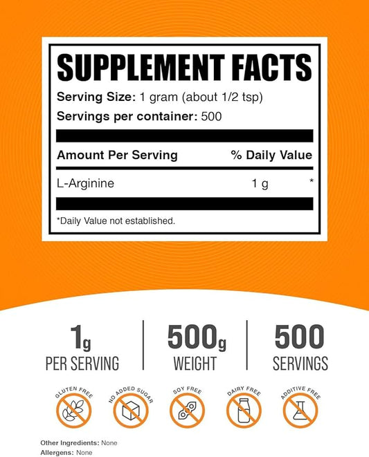 BulkSupplements.com L-Arginine Powder - Arginine 1000mg, Arginine Supplement - Nitric Oxide Supplement, Unflavored & Gluten Free, 1000mg per Serving, 500g (1.1 lbs) (Pack of 1)