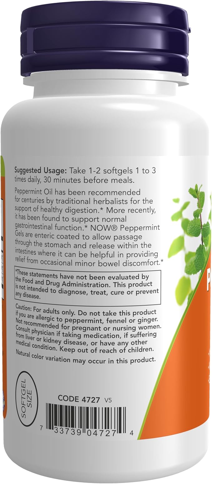 NOW Foods Supplements, Peppermint Gels with Ginger & Fennel Oils, Enteric Coated, Digestive Support*, 90 Softgels