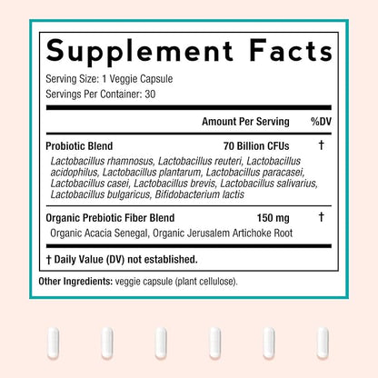 Doctor's Recipes Probiotics for Women, Organic Prebiotics and Probiotics for Digestive Health, Vaginal Health, 70 Billion CFU, 10 Strains, Shelf Stable, 30 Capsules