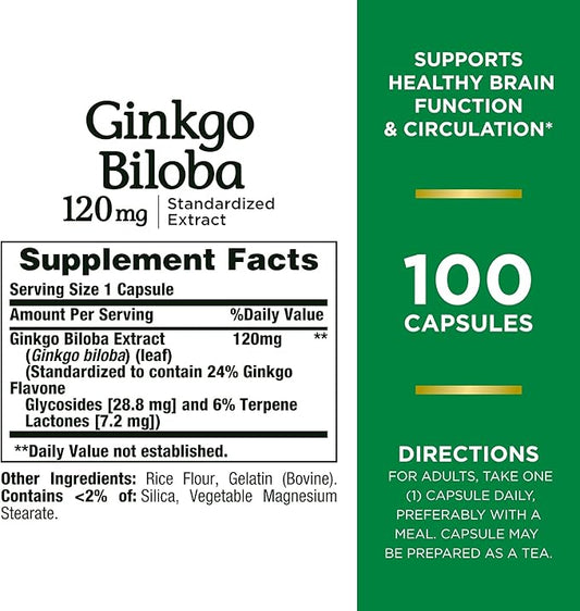Nature's Bounty Ginkgo Biloba Capsules 120mg, 100 Capsules