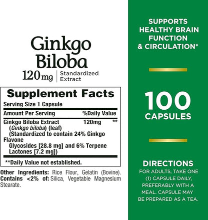 Nature's Bounty Ginkgo Biloba Capsules 120mg, 100 Capsules