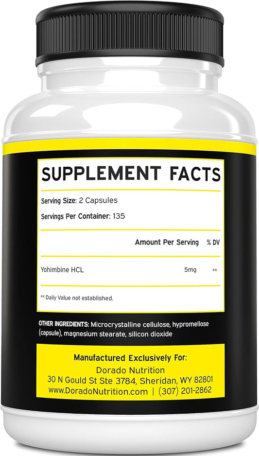 Yohimbine HCL 5mg For Men and Women (270 Capsules) - More Potent Than Yohimbe Bark Extract - Gluten Free & Non-GMO - USA Made - Quality Guarantee - Third Party Tested for Potency & Purity