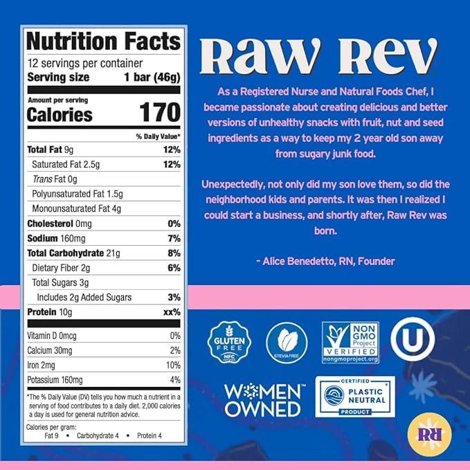 Raw Rev Vegan High-Protein Bars, Double Chocolate Brownie Batter, 10g Plant Protein, 12g Fiber, Non-GMO, 1.6 Oz, 12 Count (Pack of 1)