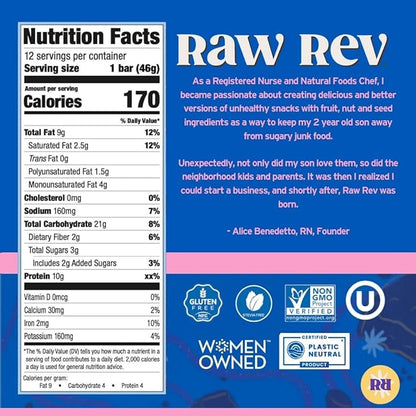 Raw Rev Vegan High-Protein Bars, Double Chocolate Brownie Batter, 10g Plant Protein, 12g Fiber, Non-GMO, 1.6 Oz, 12 Count (Pack of 1)