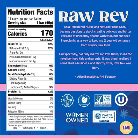Raw Rev Vegan High-Protein Bars, Double Chocolate Brownie Batter, 10g Plant Protein, 12g Fiber, Non-GMO, 1.6 Oz, 12 Count (Pack of 1)