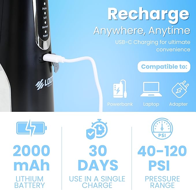 Dental Water Flosser Cordless, 310ML Electric 4 Cleaning 8 Replaceable IPX7 Waterproof (8 Tips)