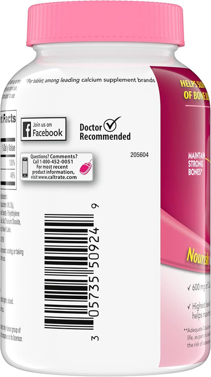 Caltrate 600 Plus D3 Calcium and Vitamin D Supplement Tablets, Bone Health Supplements for Adults - 120 Count