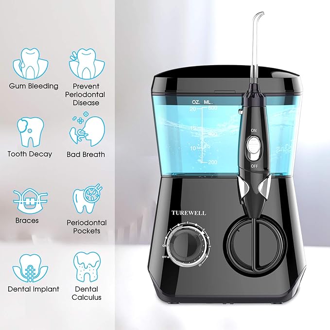 TUREWELL Water Flossing Oral Irrigator, 600ML 10 Adjustable 8 Water
