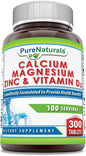 Pure Naturals Calcium Magnesium Zinc Vitamin D3 Supplement 1000mg, Magnesium 400mg, Zinc 25mg, Vitamin D3 600 600 IU (300 Tablets)