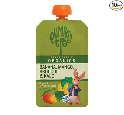 Pumpkin Tree Peter Rabbit Organics, Banana, Mango, and Kale, 4 Squeeze Pouch, Mango, Broccoli & Kale, 4.4 Ounce (Pack of 10)